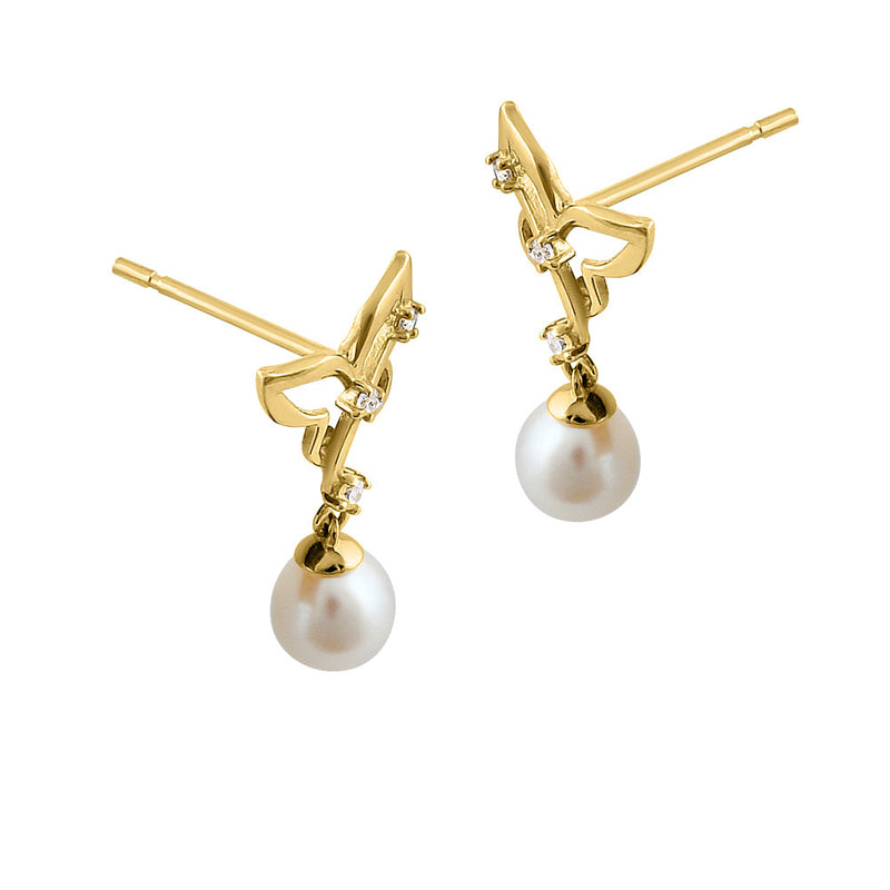 Solid 14K Yellow Gold Butterfly Pearl CZ Earrings