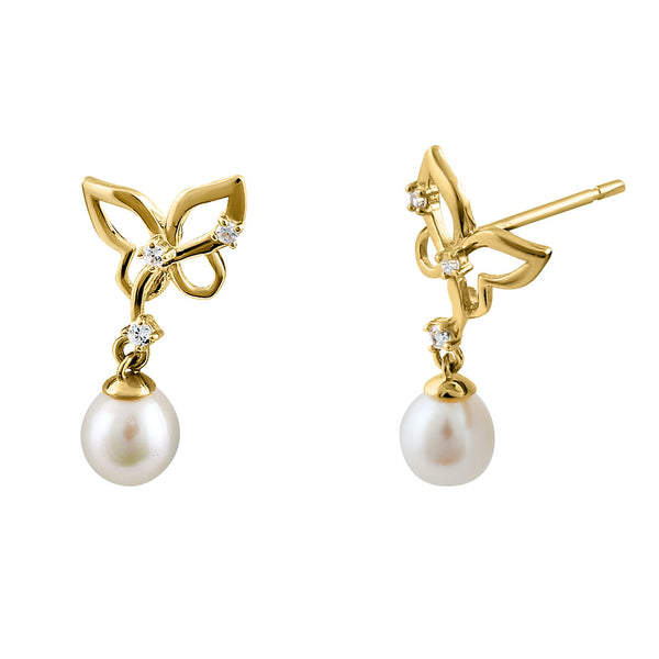 Solid 14K Yellow Gold Butterfly Pearl CZ Earrings