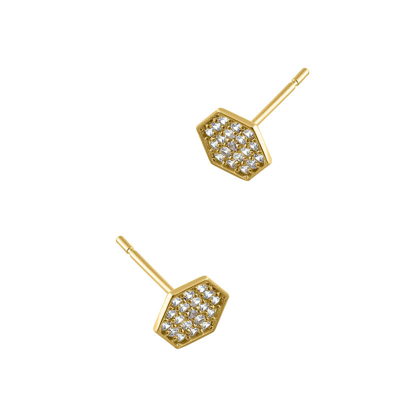 Solid 14K Yellow Gold Hexagon Pave CZ Earrings