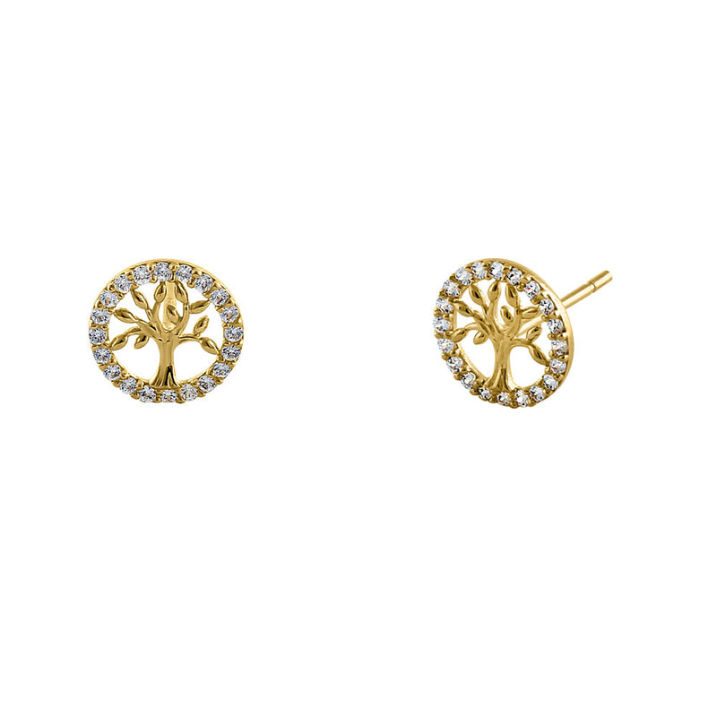 Solid 14K Yellow Gold Small Tree of Life CZ Earrings