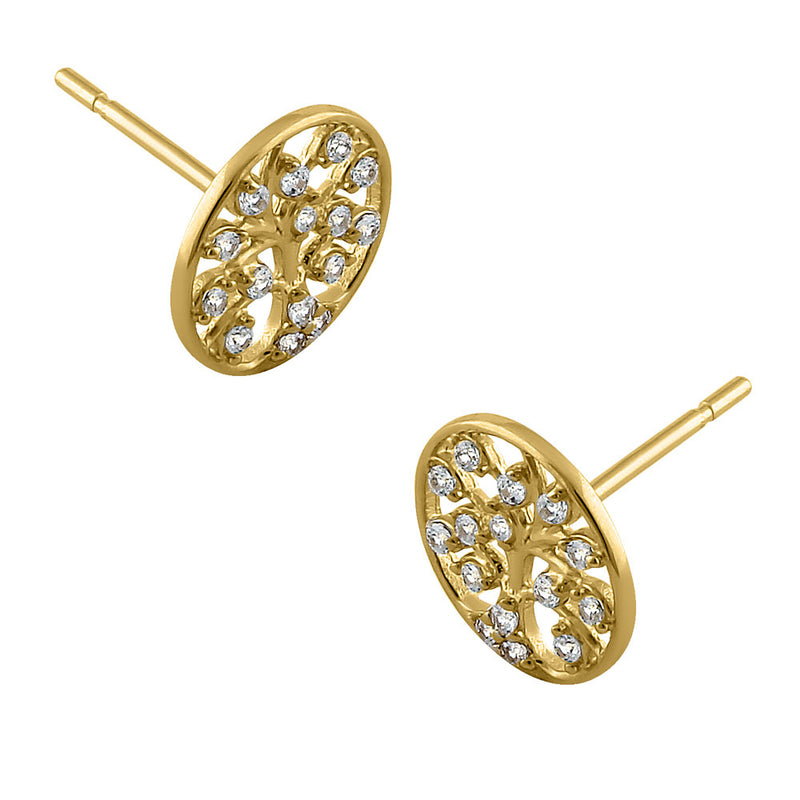 Solid 14K Yellow Gold Shiny Tree of Life CZ Earrings