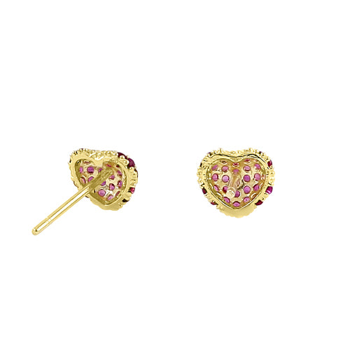 Solid 14K Yellow Gold Bubbly Heart Ruby CZ Earrings