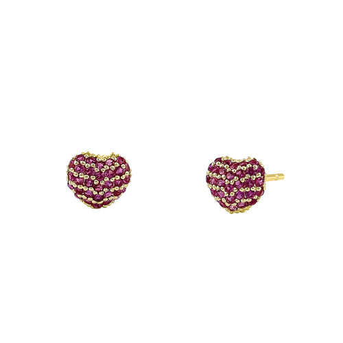 Solid 14K Yellow Gold Bubbly Heart Ruby CZ Earrings