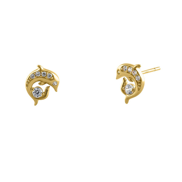 Solid 14K Yellow Gold Leaping Dolphin CZ Earrings