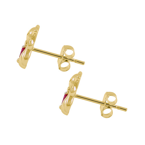 Solid 14K Yellow Gold Cat Heart CZ Earrings