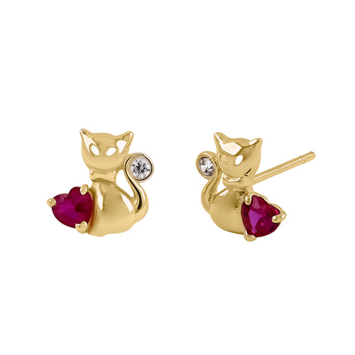 Solid 14K Yellow Gold Cat Heart CZ Earrings