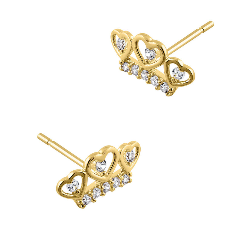 Solid 14K Yellow Gold Heart Crown CZ Earrings