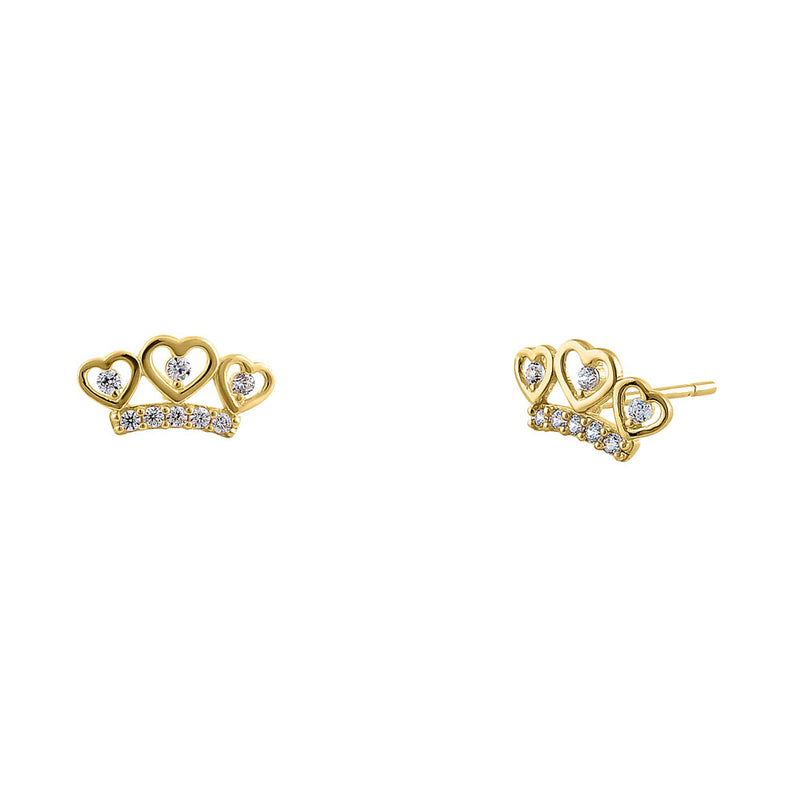 Solid 14K Yellow Gold Heart Crown CZ Earrings