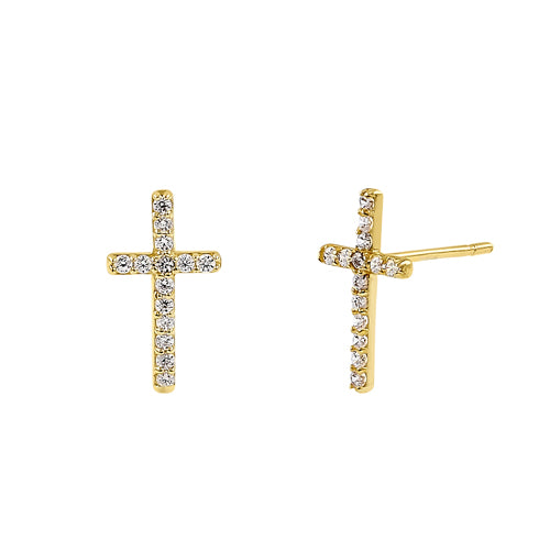 Solid 14K Yellow Gold 11 x 6mm Cross CZ Earrings