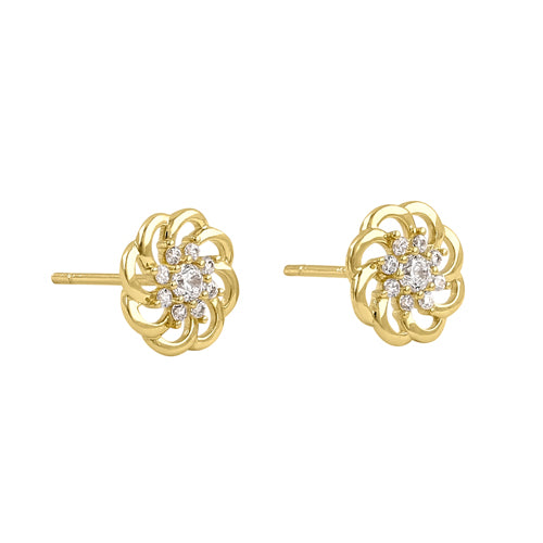 Solid 14K Yellow Gold Flower CZ Earrings
