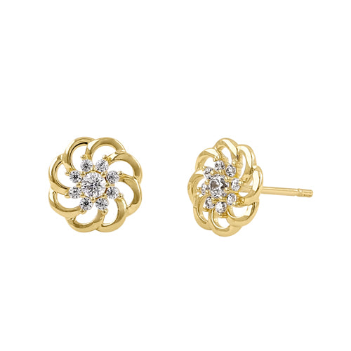 Solid 14K Yellow Gold Flower CZ Earrings