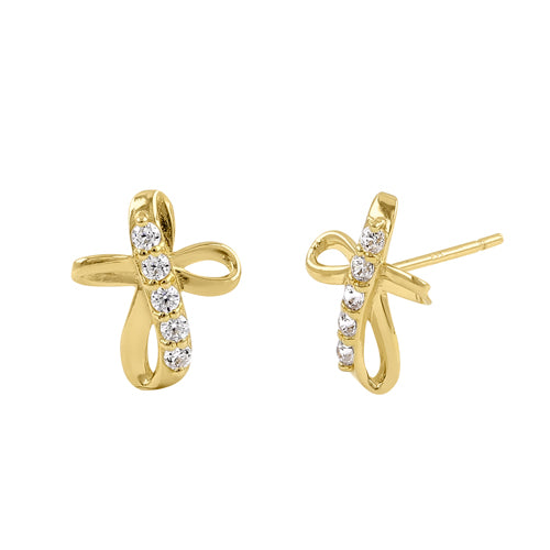 Solid 14K Yellow Gold Twisted Cross CZ Earrings