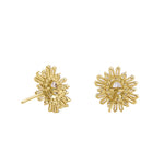 Solid 14K Yellow Oval Sun Ray Halo Gold Earrings