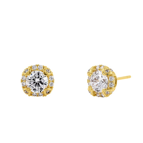 Solid 14K Yellow Gold 8.0mm Round Halo Cathedral CZ Earrings