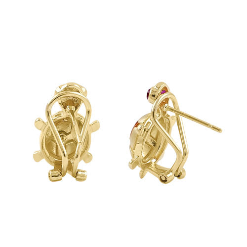 Solid 14K Yellow Gold Turtle Ruby CZ Earrings