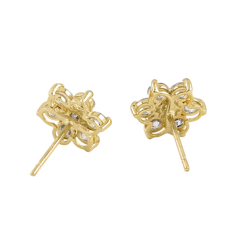 Solid 14K Yellow Gold Six Petal Flower CZ Earrings
