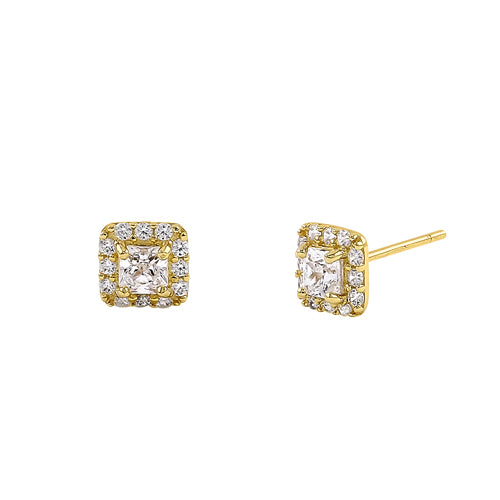 Solid 14K Yellow Gold 5.5mm Square Halo CZ Earrings