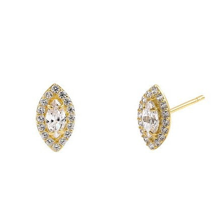 Solid 14K Yellow Gold 8.8 x 4.8mm Marquise Halo  CZ Earrings