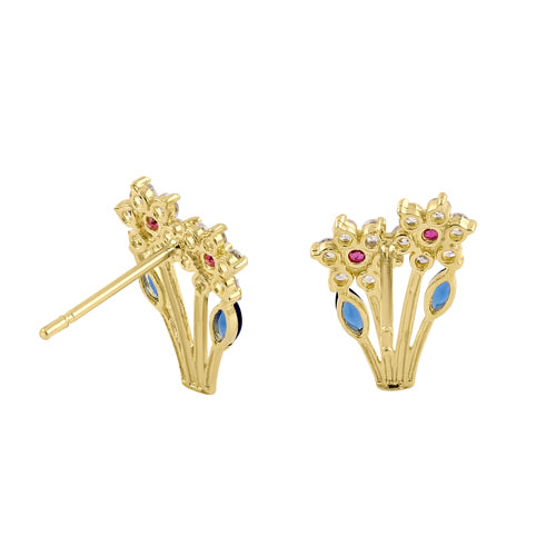 Solid 14K Yellow Gold Growing Flower CZ Earrings