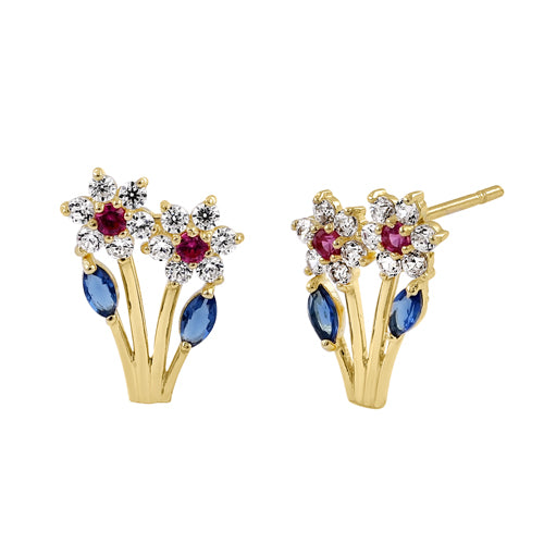 Solid 14K Yellow Gold Growing Flower CZ Earrings