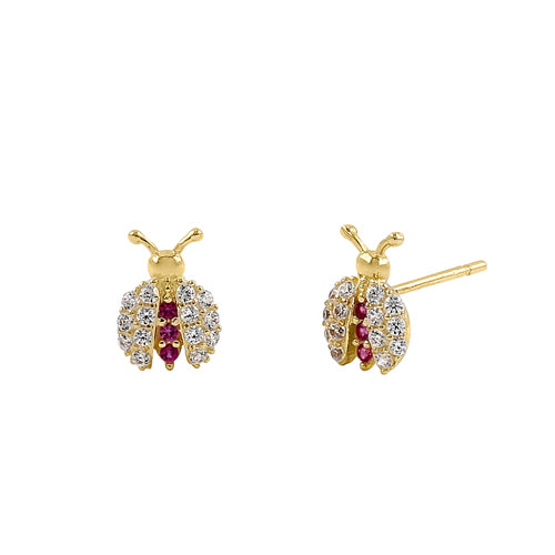 Solid 14K Yellow Gold Dainty Ladybug CZ Earrings