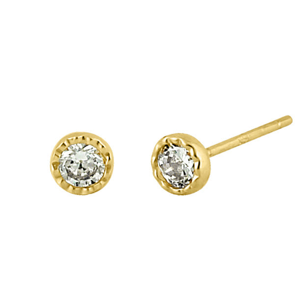 Solid 14K Yellow Gold 3mm Round CZ Beaded Stud Earrings