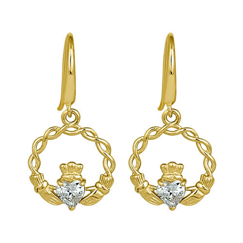 Solid 14K Yellow Gold Claddagh CZ Hook Earrings