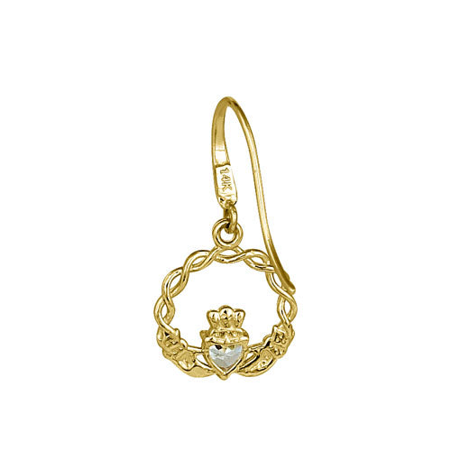 Solid 14K Yellow Gold Claddagh CZ Hook Earrings