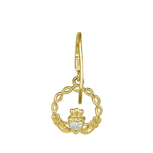 Solid 14K Yellow Gold Claddagh CZ Hook Earrings