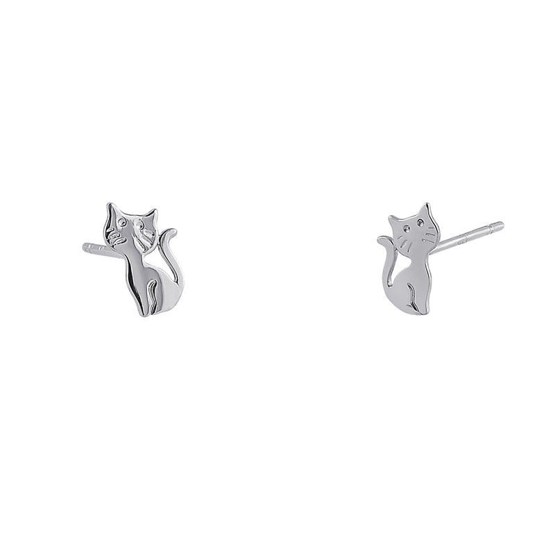Solid 14K White Gold Cat with Whiskers Earrings