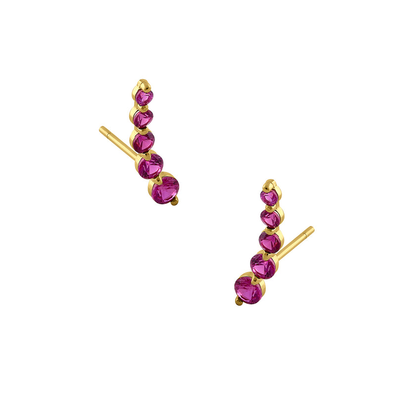 Solid 14K Yellow Gold 5 Ruby Round CZ Stud Earrings