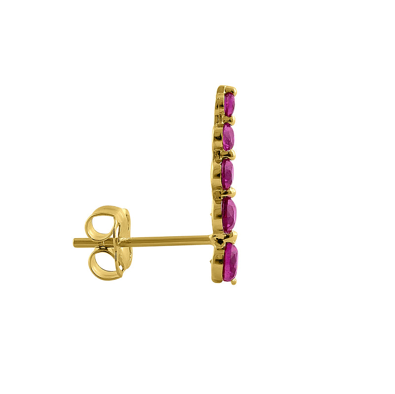 Solid 14K Yellow Gold 5 Ruby Round CZ Stud Earrings