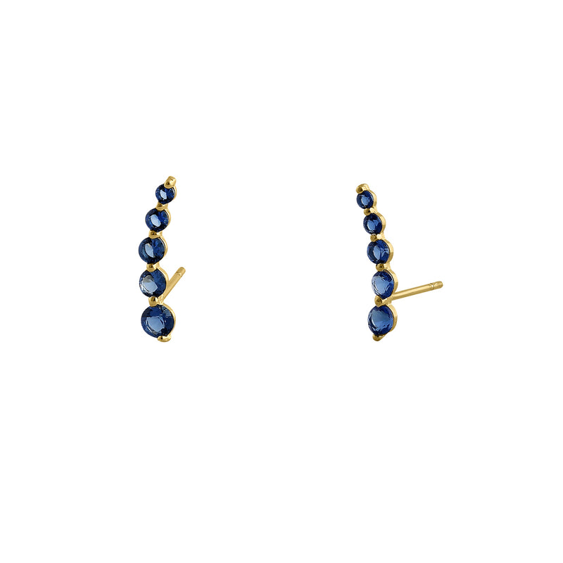 Solid 14K Yellow Gold 5 Blue Sapphire Round CZ Stud Earrings
