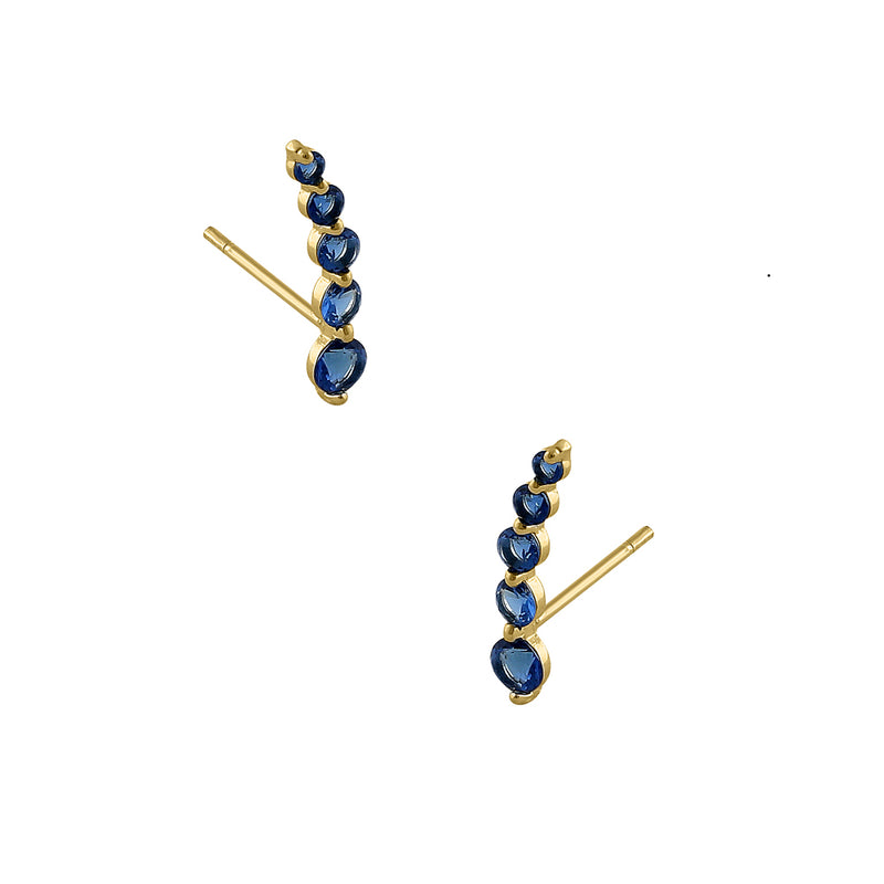 Solid 14K Yellow Gold 5 Blue Sapphire Round CZ Stud Earrings