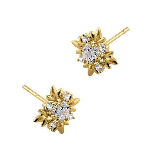 Solid 14K Yellow Gold Round Star CZ Stud Earrings
