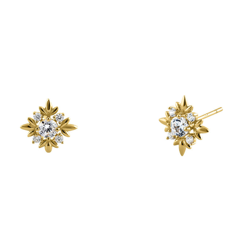 Solid 14K Yellow Gold Round Star CZ Stud Earrings