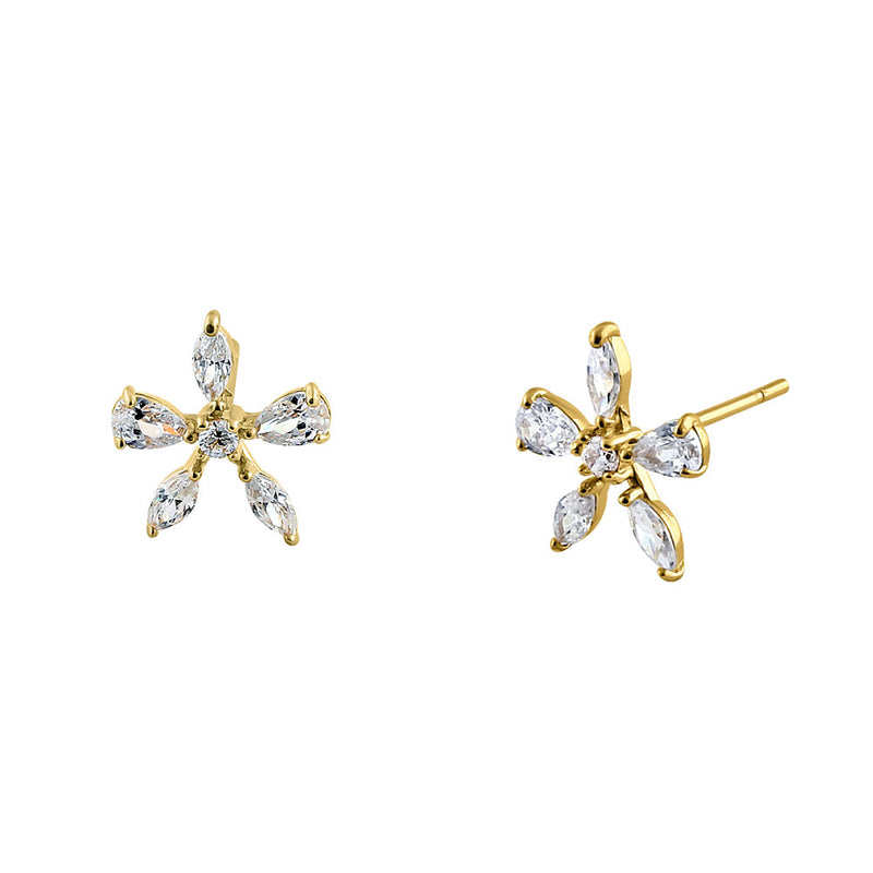 Solid 14K Yellow Gold Flower Marquise CZ Earrings