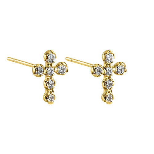 Solid 14K Yellow Gold Round Cross CZ Earrings