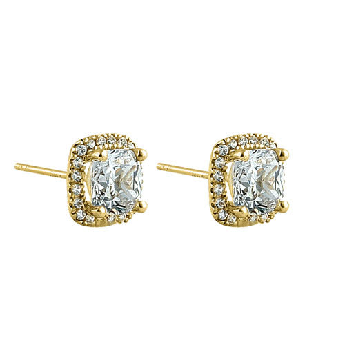Solid 14K Yellow Gold Cushion Halo CZ Earrings