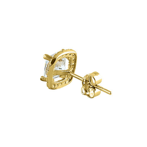 Solid 14K Yellow Gold Cushion Halo CZ Earrings