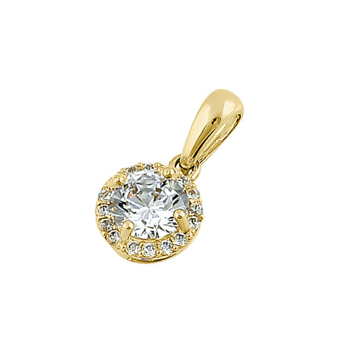 Solid 14K Yellow Gold Round Halo Clear CZ Pendant