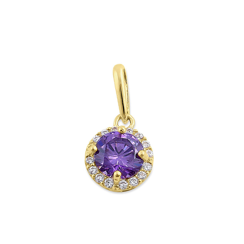 Solid 14K Yellow Gold Halo Round Amethyst CZ Pendant