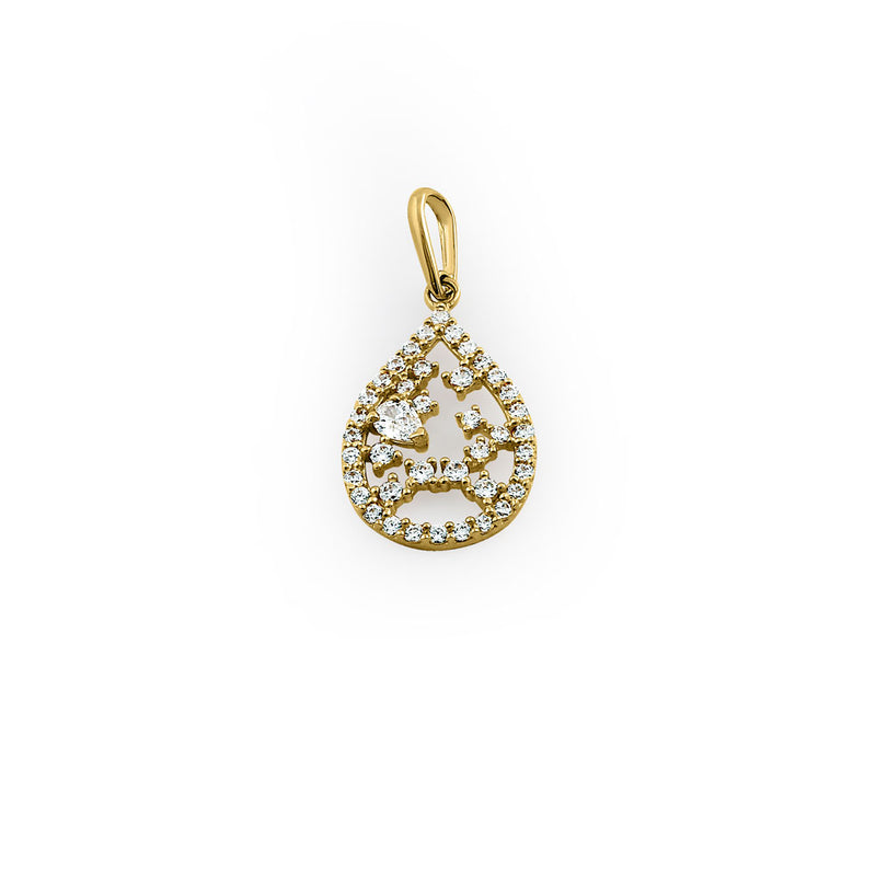 Solid 14K Yellow Gold Floral Pattern Drop Shaped CZ Pendant