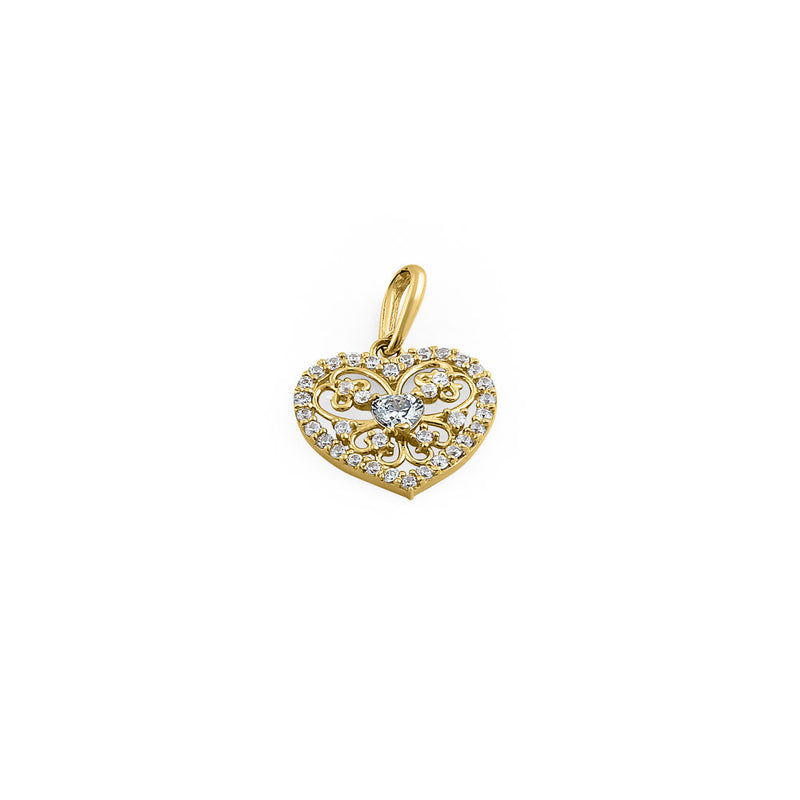 Solid 14K Yellow Gold Graceful Heart Cut CZ Pendant