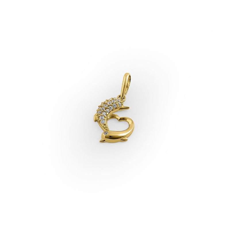 Solid 14K Yellow Gold Double Dolphin Heart CZ Pendant