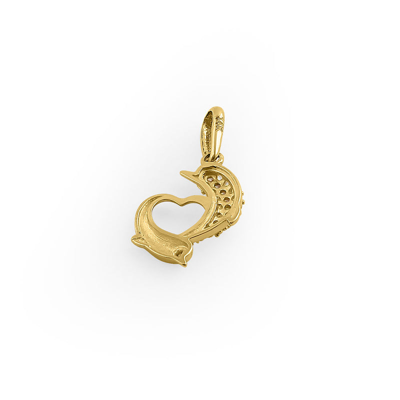 Solid 14K Yellow Gold Double Dolphin Heart CZ Pendant