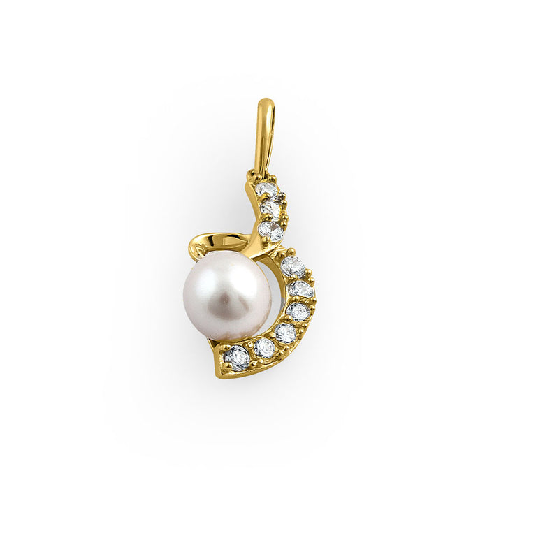 Solid 14K Yellow Gold Twist Pearl CZ Pendant