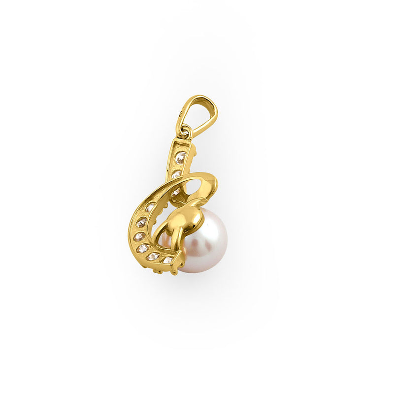 Solid 14K Yellow Gold Twist Pearl CZ Pendant