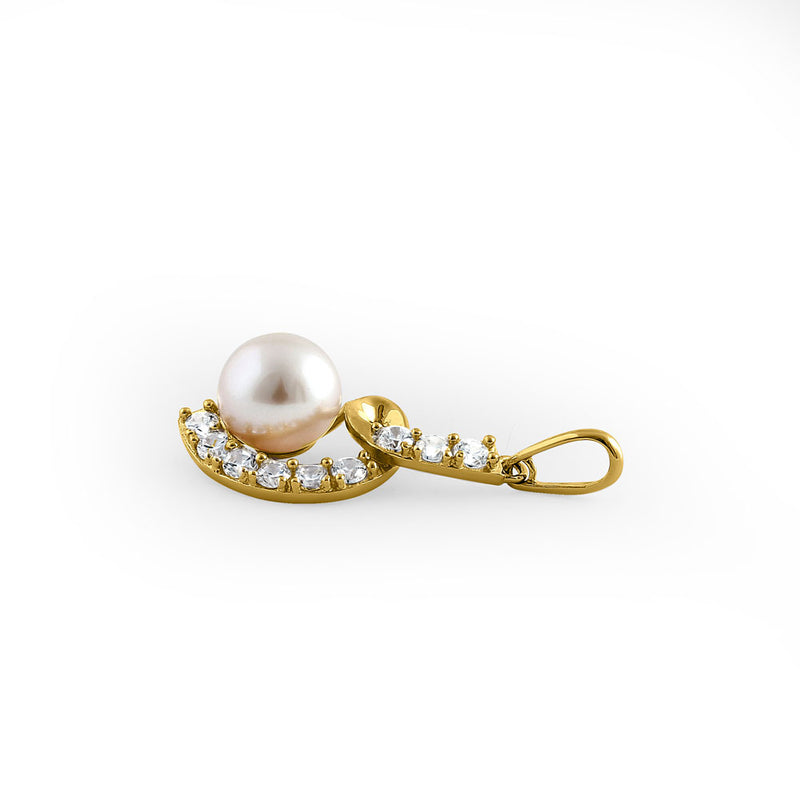 Solid 14K Yellow Gold Twist Pearl CZ Pendant