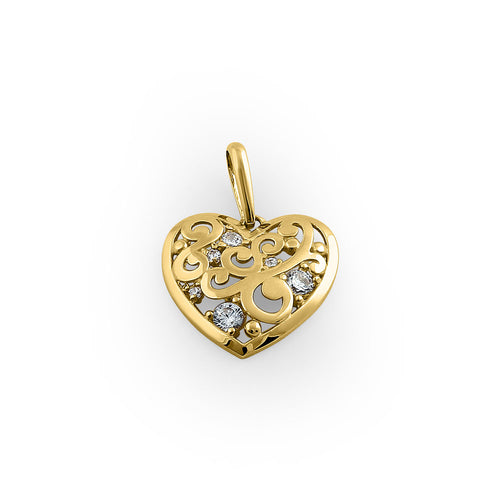 Solid 14K Yellow Gold Filigree Heart CZ Pendant